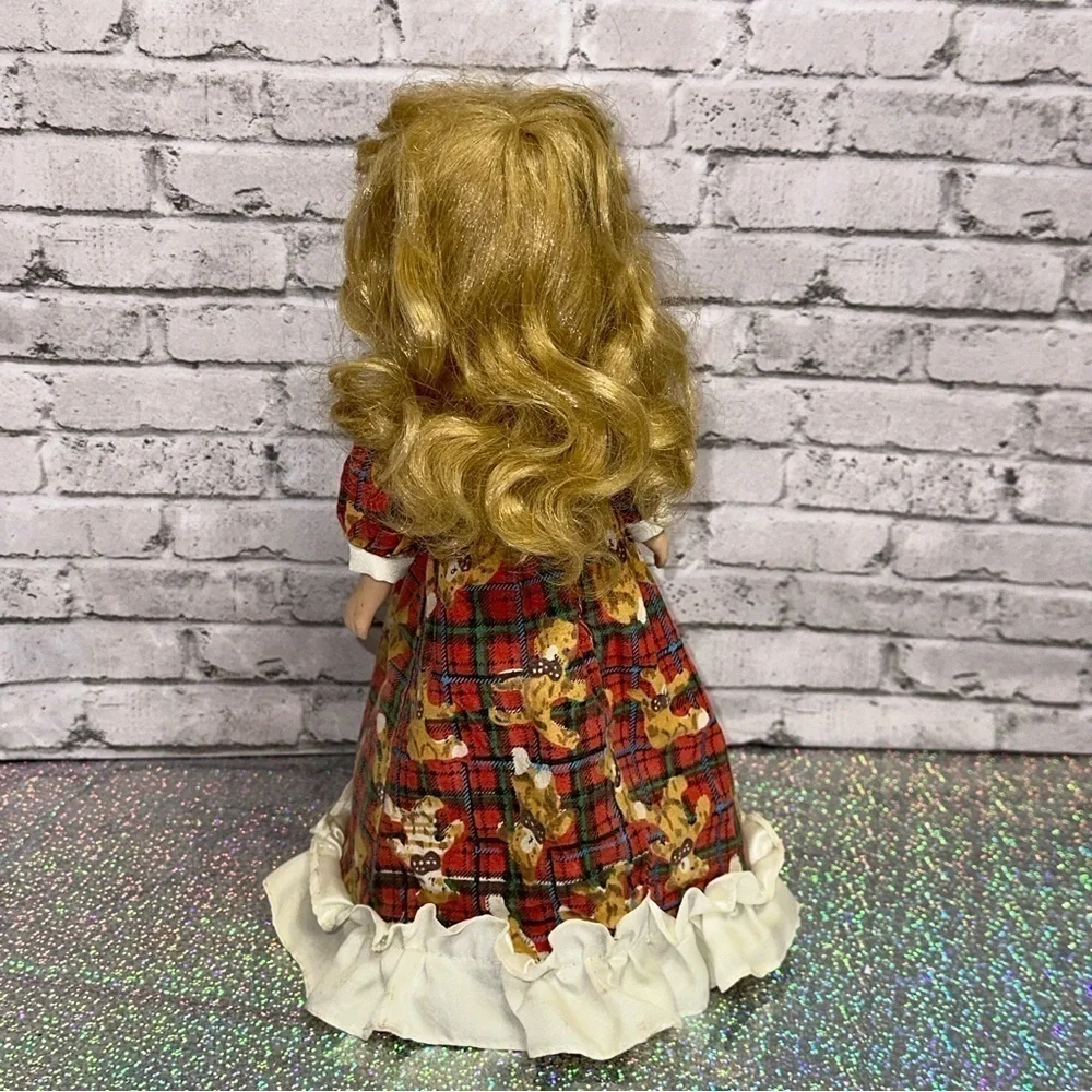 Christmas Tree Topper Porcelain Doll 12 in Blonde Hair Plaid Teddy Bear Dress